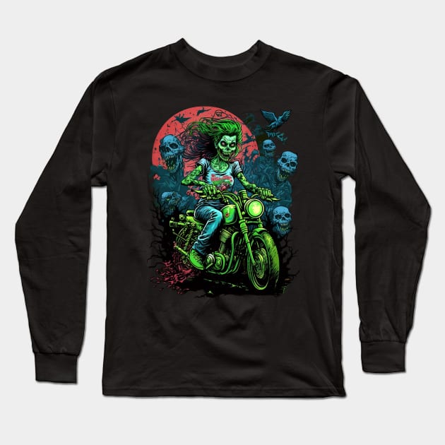 Zombie Girl riding a motorcycle Long Sleeve T-Shirt by pxdg